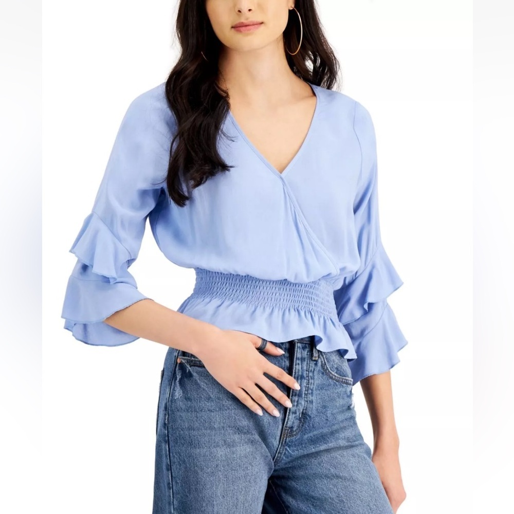 Just Polly Women’s Smocked Waist Blue Ruffled V-Neck Top Size S - Picture 1 of 9